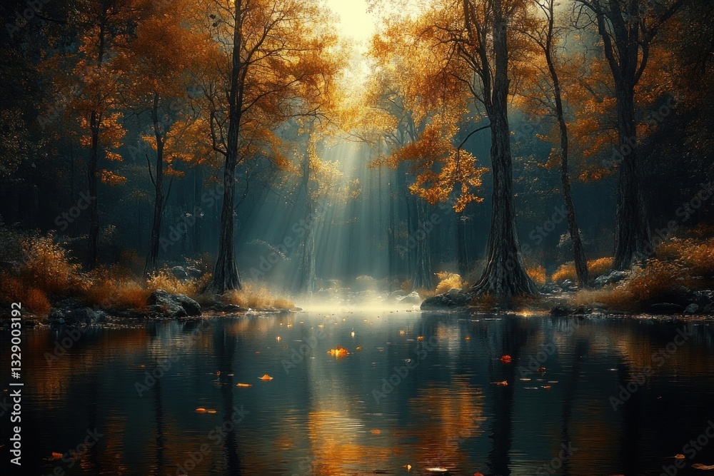 Mystical Forest Scene with Ancient Trees and River in Fog Light Rays Autumn Colors Fantasy Artwork Mystical Forest Scene with Ancient Trees and River in Fog Light Rays Autumn Colors Fantasy Artwork