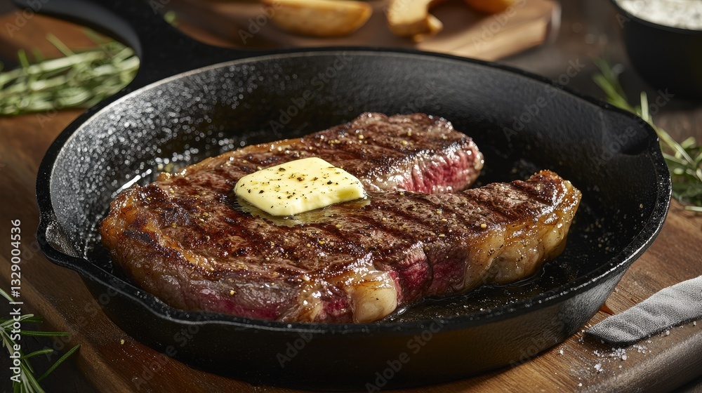 A heavy-duty cast iron skillet sizzling with butter, searing a thick-cut steak to golden perfection A heavy-duty cast iron skillet sizzling with butter, searing a thick-cut steak to golden perfection
