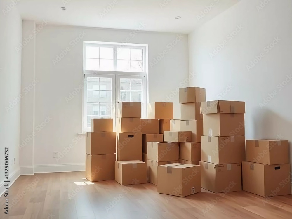 Cardboard boxes stacked in an empty room after a move with large window Cardboard boxes stacked in an empty room after a move with large window