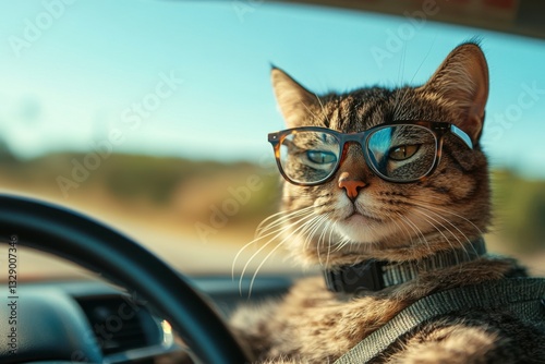 A curious cat wearing sunglasses drives under a clear blue sky on a sunny day.