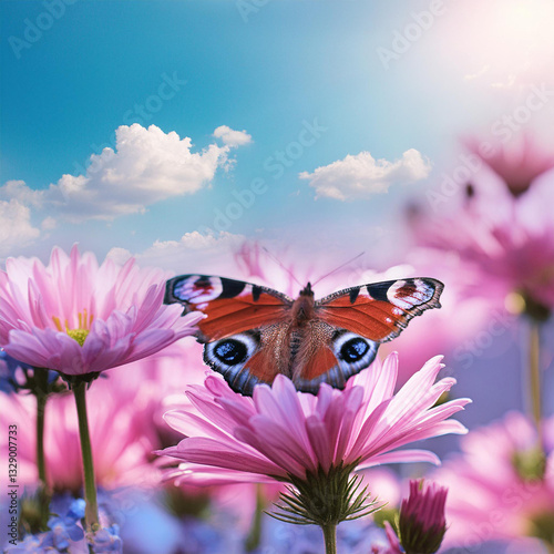 butterfly on flower background,  Monarch butterflies in autumn blooming asters. 