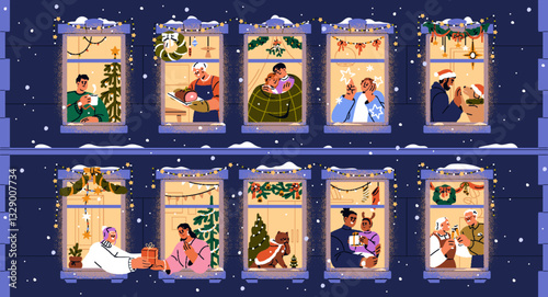 Christmas windows, happy people inside cozy festive home apartments, neighborhood. Winter holiday celebration in house decorated with light, tree. Neighbors celebrating Xmas. Flat vector illustration