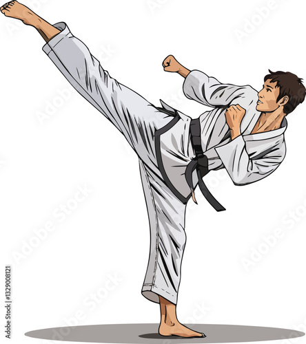 Dynamic Taekwondo Fighter Performing Powerful Martial Arts Strike – Vector Illustration