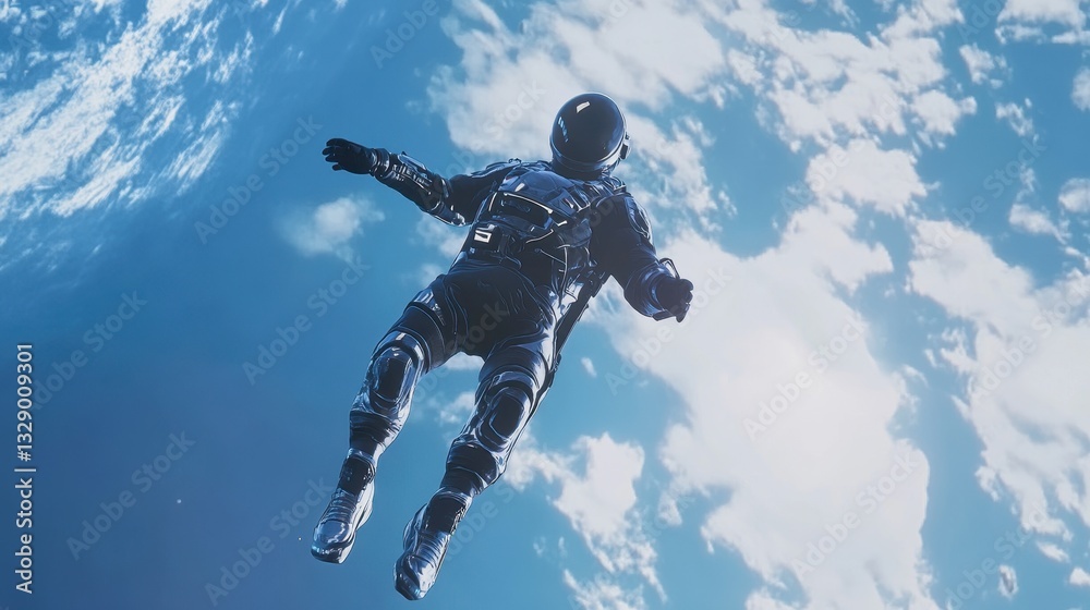 A parachutist descends gracefully from the edge of space, equipped with a sleek metallic exosuit, surrounded by clouds and the vast blue of Earth in the background. A parachutist descends gracefully from the edge of space, equipped with a sleek metallic exosuit, surrounded by clouds and the vast blue of Earth in the background.