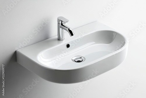 Modern white washbasin with chrome faucet and drain