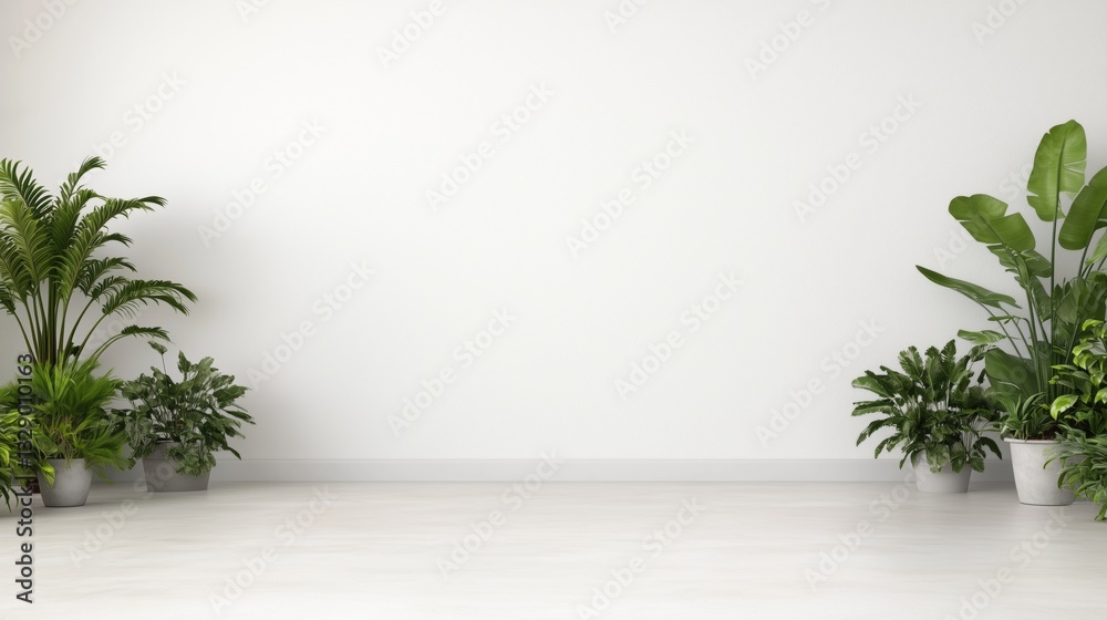 A white wall with a large plant on the left and a smaller plant on the right. The wall is bare and the plants are the only decoration A white wall with a large plant on the left and a smaller plant on the right. The wall is bare and the plants are the only decoration