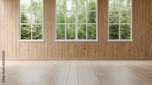 A large room with three windows and a wooden wall. The room is empty and has a clean  minimalist look