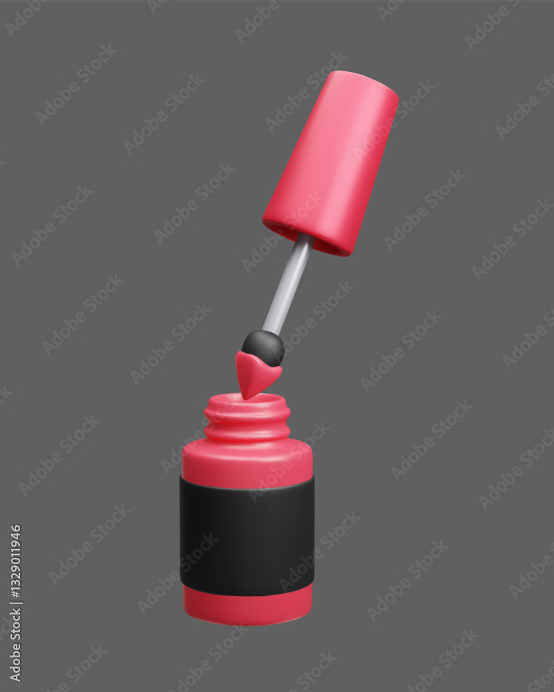Fototapeta premium Nail polish bottle with brush applicator 3D vector illustration. Red and black luxury beauty fashion makeup product. Manicure pedicure beauty salon accessory nail polish open lacquer bottle 3D vector.
