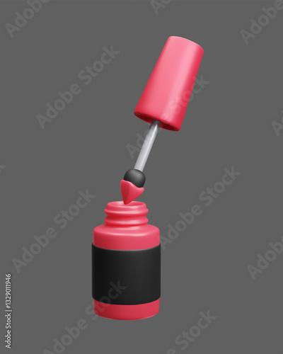 Nail polish bottle with brush applicator 3D vector illustration. Red and black luxury beauty fashion makeup product. Manicure pedicure beauty salon accessory nail polish open lacquer bottle 3D vector.