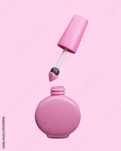 Pink 3d nail polish bottle with brush vector illustration. Cute female pink beauty makeup lacquer with brush applicator. Manicure pedicure cosmetic accessory 3D fashion beauty makeup.
