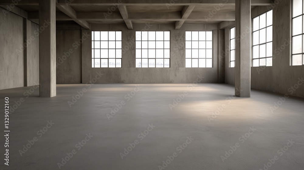A large, empty room with a concrete ceiling and a concrete floor. The room is very bare and empty, with no furniture or decorations. The space is large and open