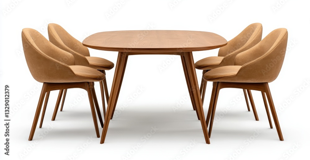 Fototapeta premium Modern Walnut Wood Dining Set with Six Beige Chairs
