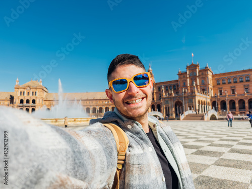 Happy tourist taking a selfie with Plaza de España, Seville, Spain, during a sunny day