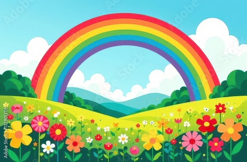 Bright rainbow arching over a colorful flower meadow on a sunny day