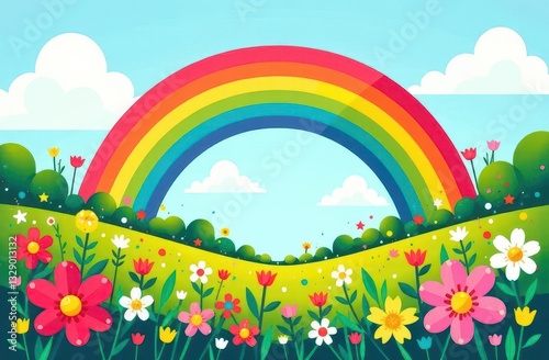 Vibrant rainbow arches over lush flowers in a bright landscape