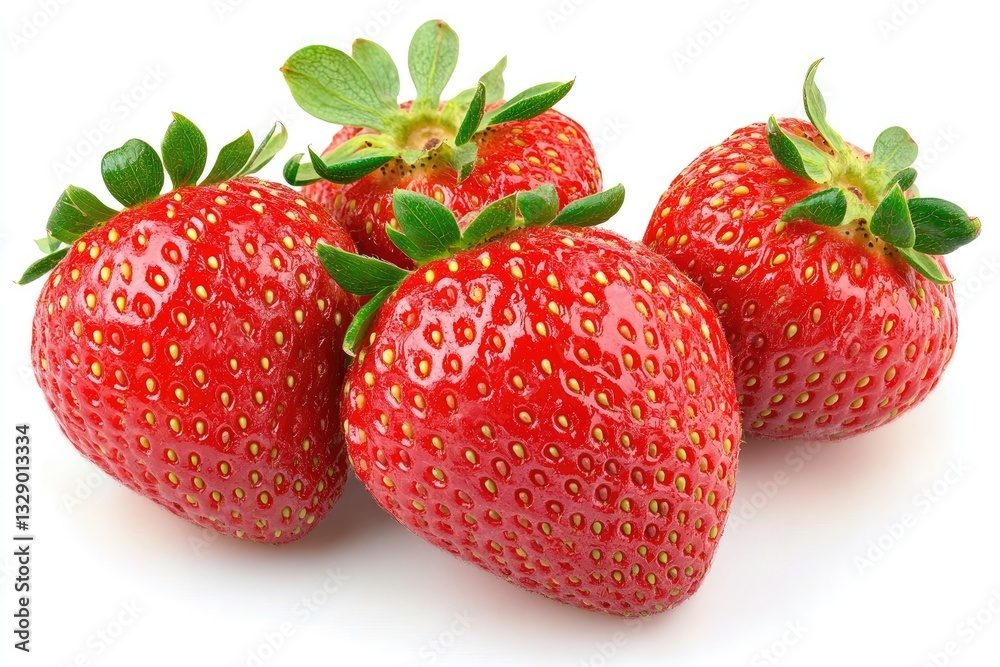 Fresh, vibrant strawberries, close-up. Four plump, red berries with green leaves, displayed against a plain white background. Juicy, sweet, and ready to eat Fresh, vibrant strawberries, close-up. Four plump, red berries with green leaves, displayed against a plain white background. Juicy, sweet, and ready to eat