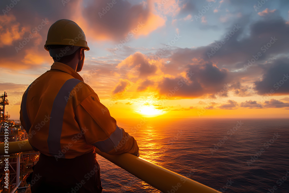 Fototapeta premium Offshore Worker Takes in Early Morning View of Ocean Sunrise Horizon