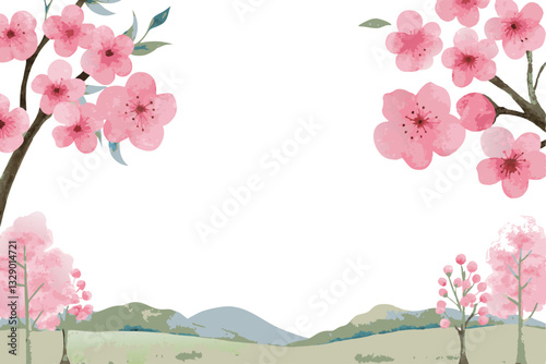 Watercolor Painting of Pink Cherry Blossoms and Serene Landscape