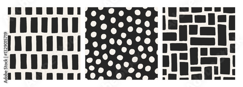 Abstract seamless patterns set. Simple hand-drawn textures with polka dots, l...