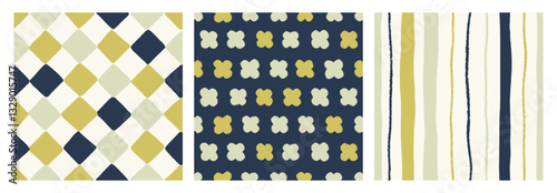 Seamless patterns, abstract textures set. Hand-drawn checkered, floral and striped designs, endless repeating prints. Modern-style backdrops for textile, fabric, wrapping. Flat vector illustration