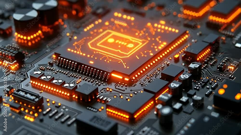Glowing CPU Microchip: High-Tech Circuit Board Detail Glowing CPU Microchip: High-Tech Circuit Board Detail