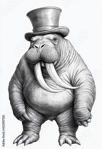 Monochrome Stippled Walrus in Top Hat Illustration