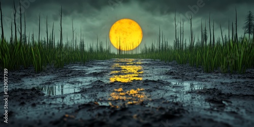 Moody Night Landscape Yellow Moon Reflecting on Muddy Path
