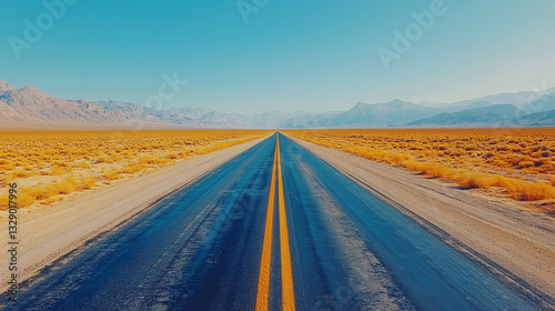 Largo y recto tramo de carretera abierta en el suroeste americano, desapareciendo en el horizonte.