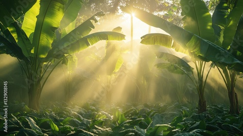 Sunlight filters through lush green banana leaves, casting a warm, dappled glow that dances playfully on the ground below. A serene scene of nature’s gentle embrace photo