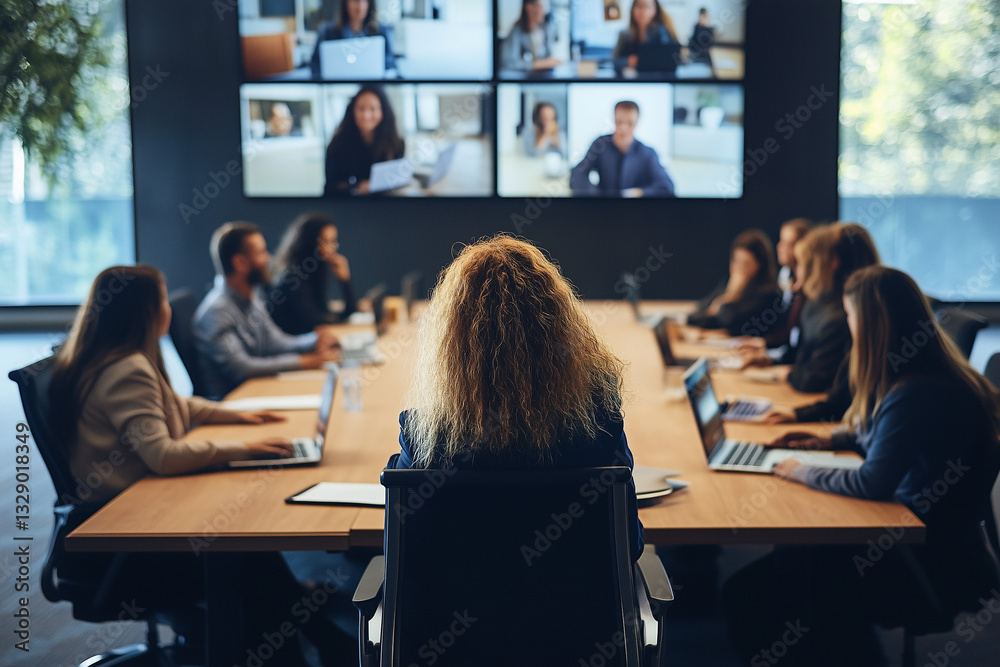 Fototapeta premium Reuniones virtuales y presenciales a gran escala