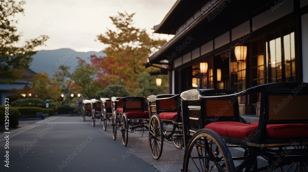 Obraz premium Antique Japanese Rickshaws Parked in a Serene Outdoor Setting with Traditional Architecture