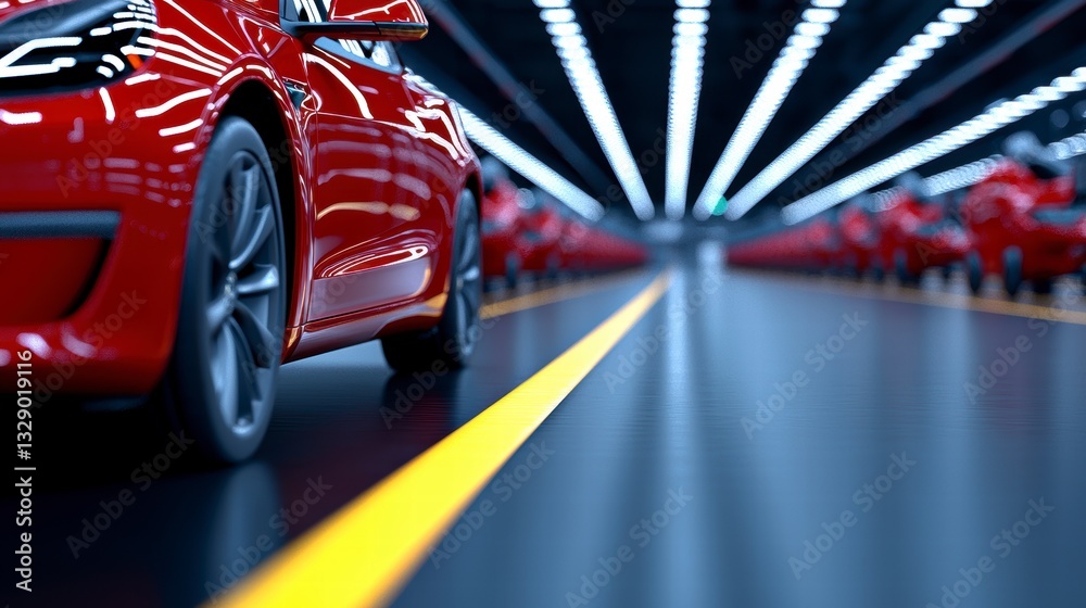 Red Electric Car on Modern Assembly Line in Factory Red Electric Car on Modern Assembly Line in Factory