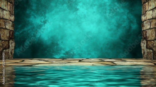 Moody Teal Stone Structure with Reflecting Pool