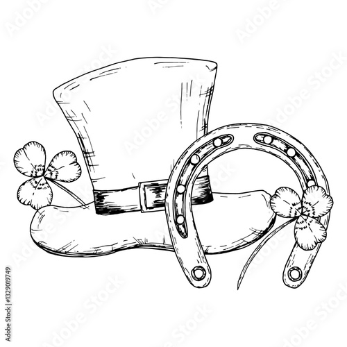 A black and white engraving of a leprechaun hat, horseshoe and shamrocks. A symbol of luck, Irish culture and St. Patrick s Day. Perfect for greeting cards, decorations, illustrations, festive designs