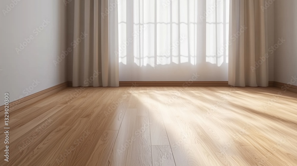 A room with a large window and white curtains. The room is empty and has a clean, minimalist look
