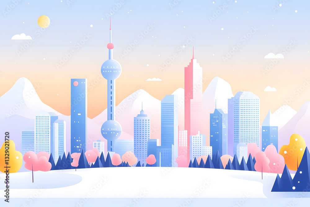Fototapeta premium City skyline illustration, flat style urban architecture illustration elements