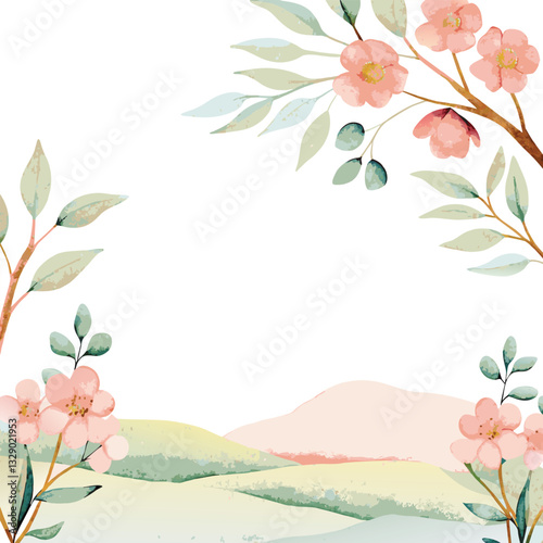 Watercolor Painting of Peach Blossoms and Rolling Hills Landscape