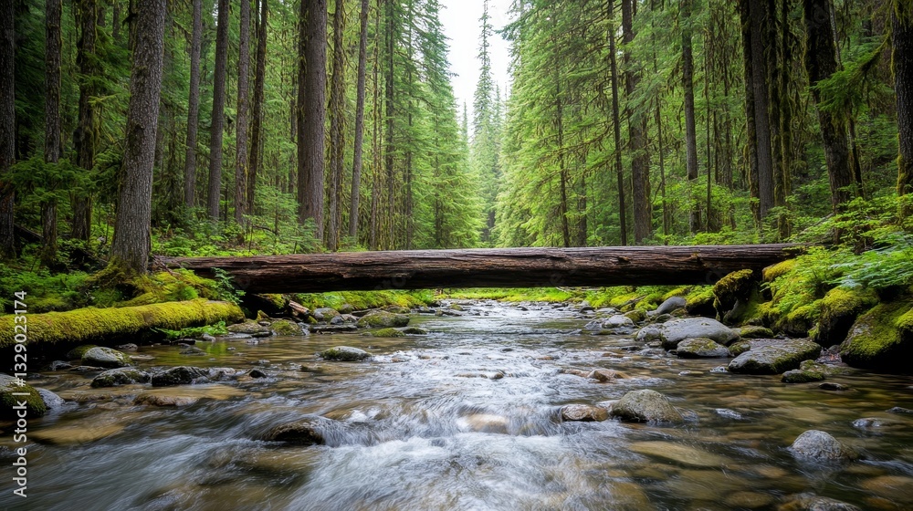 Serene forest landscape with a log bridge over a flowing stream surrounded by lush greenery Serene forest landscape with a log bridge over a flowing stream surrounded by lush greenery