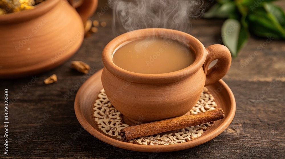 Fototapeta premium Traditional Indian Chai in a Rustic Clay Cup with Steam Rising, Served with a Cinnamon Stick