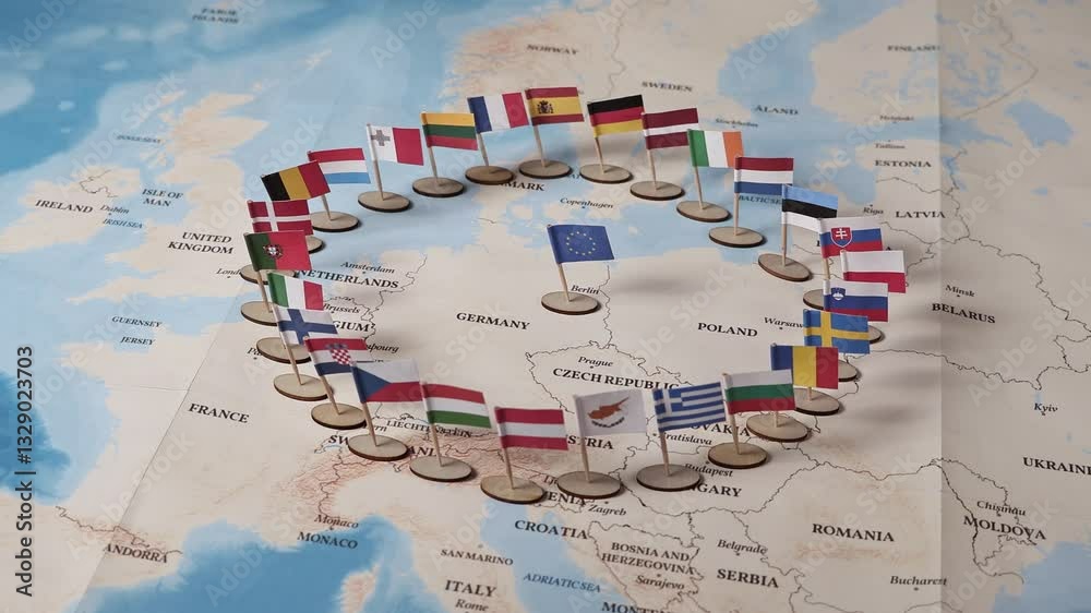 european union countries marked on world map with small national flags, eu concept, international relations, diplomacy, travel and geography
