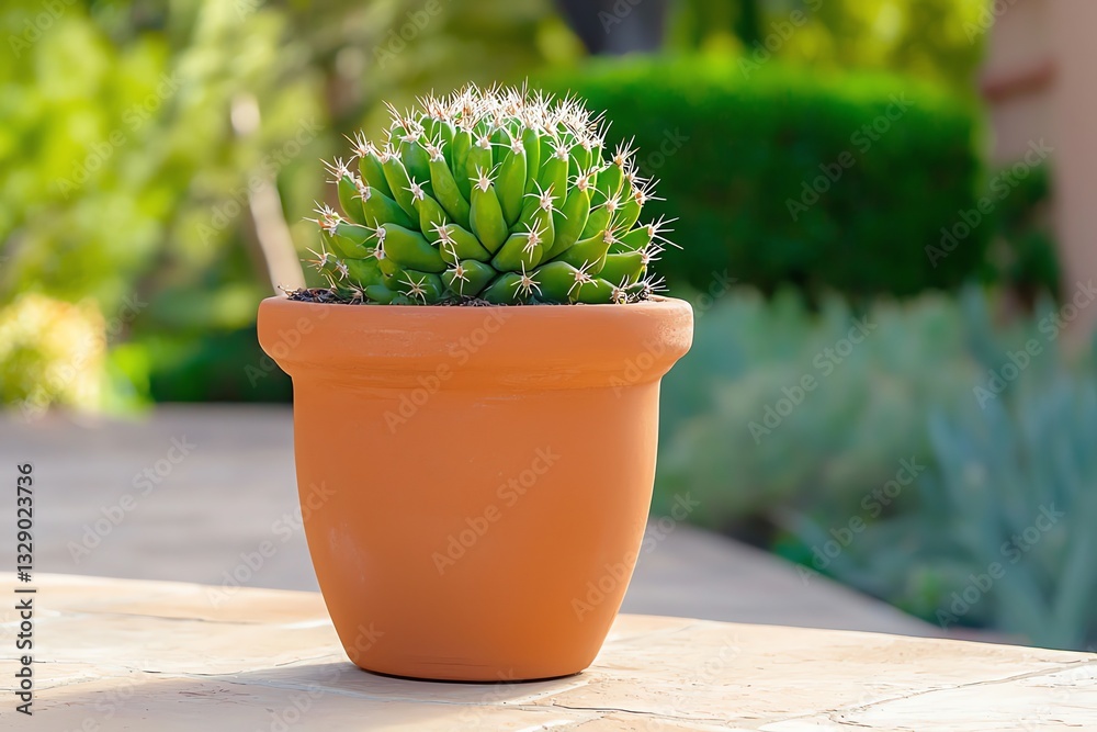 Potted Cactus on Patio with Green Background for Home Decor Potted Cactus on Patio with Green Background for Home Decor