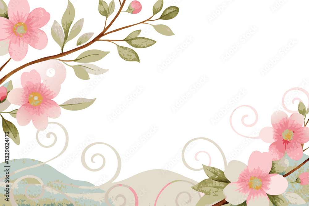 Naklejka premium Delicate Pink Flowers and Swirls Watercolor Design Spring Blossom Floral Background