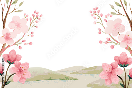 Watercolor painting of pink cherry blossoms and a tranquil landscape