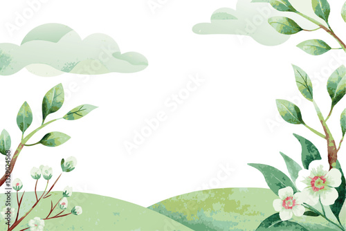 Watercolor Spring Landscape with Blooming Branches and Rolling Hills