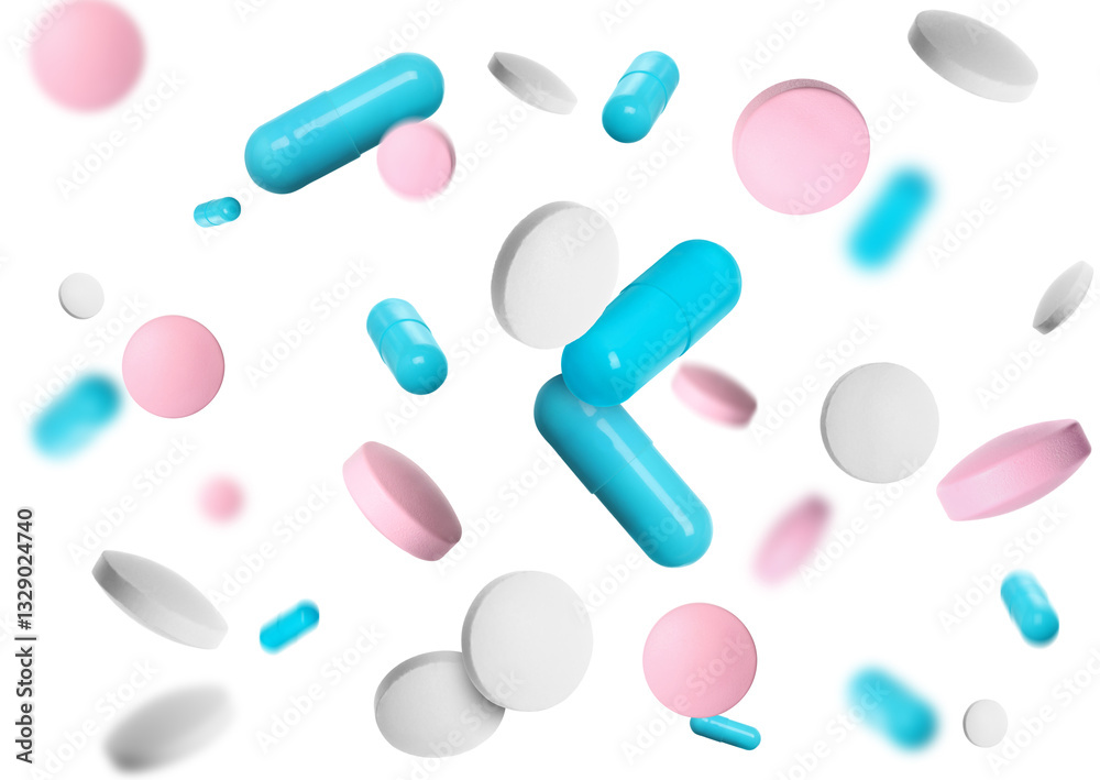 Many different pills flying on white background Many different pills flying on white background