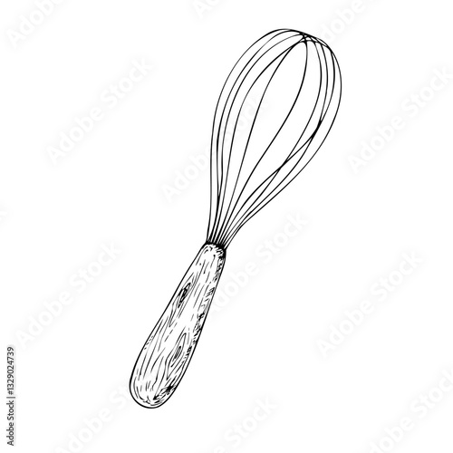 Vector hand whisk. Graphic ink wood kitchen tool illustration isolated on background. Hand drawn line sketch. For designers, prints, logo, icon, menu, postcards, holiday, covers