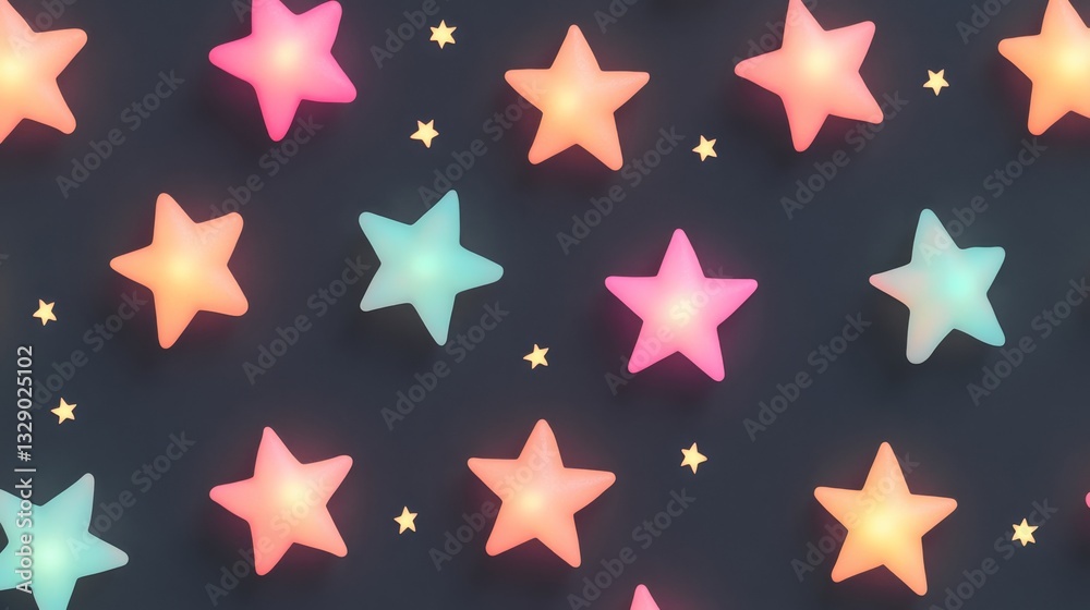 Fototapeta premium Glowing star shaped lights of different colors scattered on dark background create a dreamy pattern