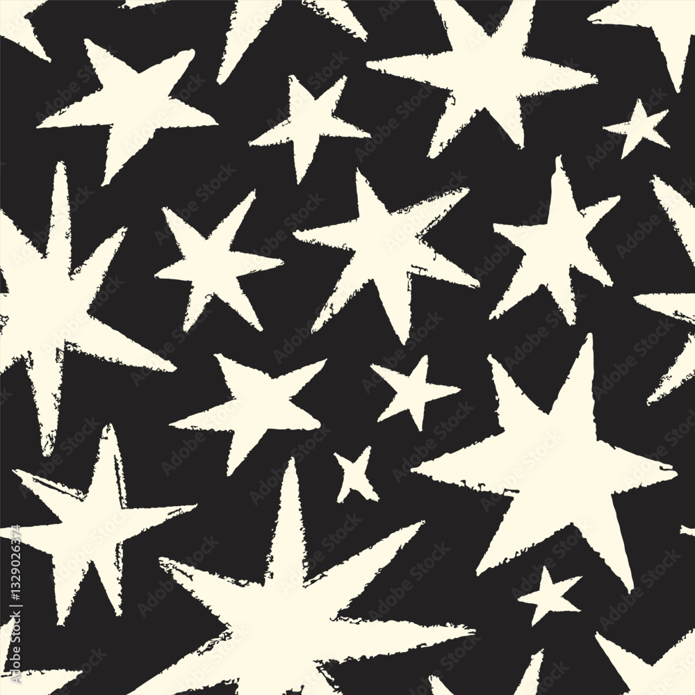 Seamless star pattern. Starry night sky background, endless texture. Repeating black and white print for textile, fabric, wallpaper, wrapping paper design. Repeatable flat vector illustration