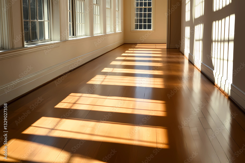 Obraz premium Elegant Peaceful Empty Hallway Bathed In Sunlight Creating A Welcoming, Minimalist Interior Ambience For Relaxation