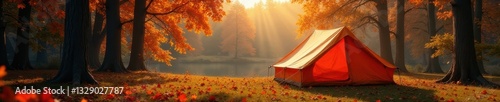 Autumnal orange canvas tent in tranquil forest clearing , orange, autumn, photography